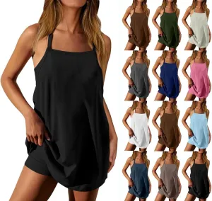 Womens Sleeveless Mini Dress with Built-in Shorts Summer Spaghetti Strap Romper Dresses Workout Sundress with Pockets