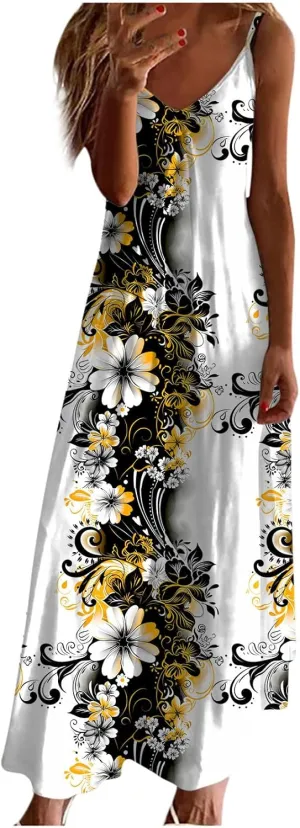 Womens Spring Summer Dresses Spaghetti Strap Floral Print Maxi Dress Trendy Boho Beach Vacation Sundress