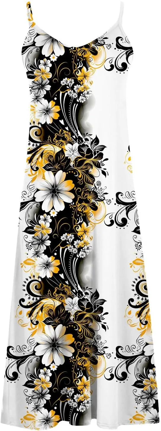 Womens Spring Summer Dresses Spaghetti Strap Floral Print Maxi Dress Trendy Boho Beach Vacation Sundress