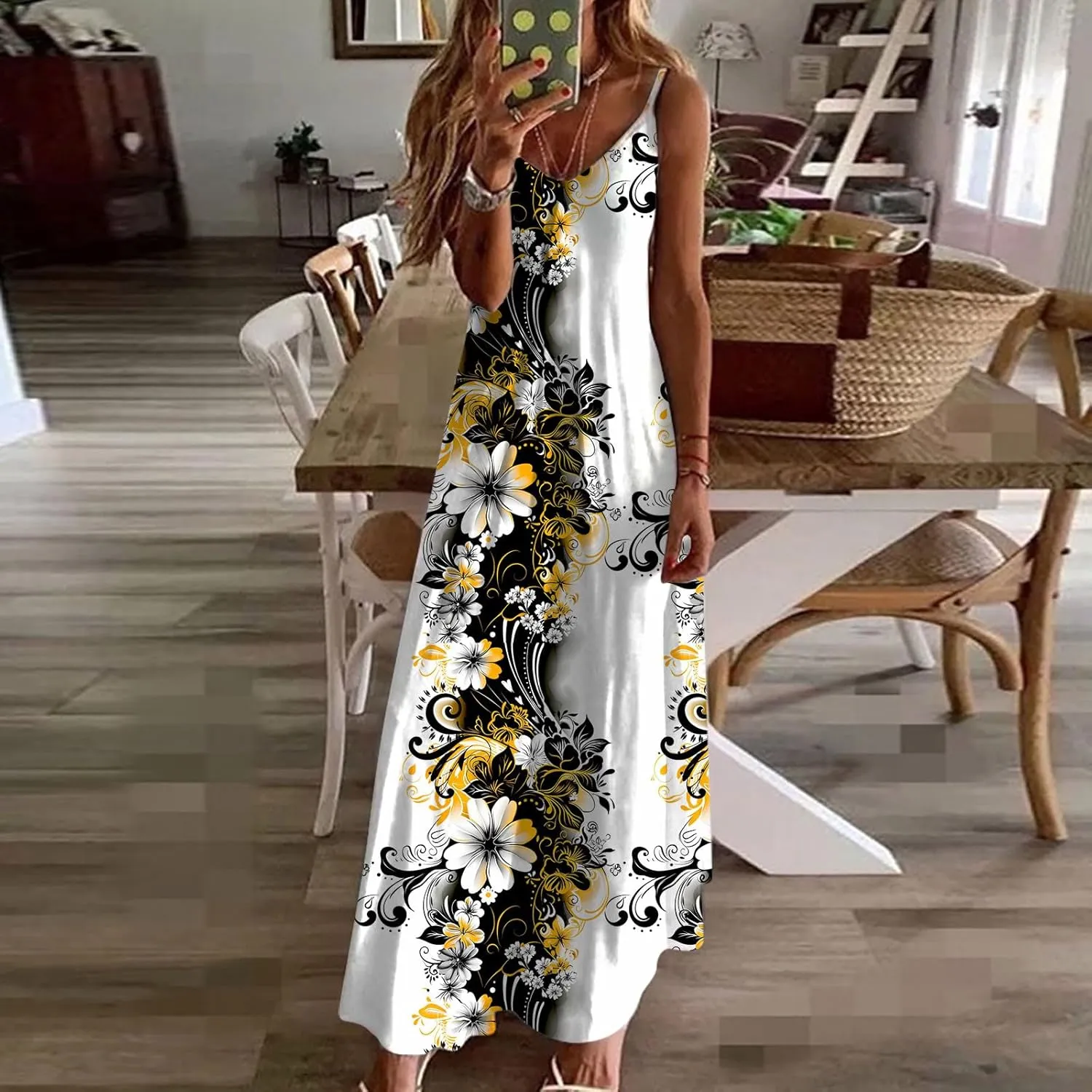 Womens Spring Summer Dresses Spaghetti Strap Floral Print Maxi Dress Trendy Boho Beach Vacation Sundress