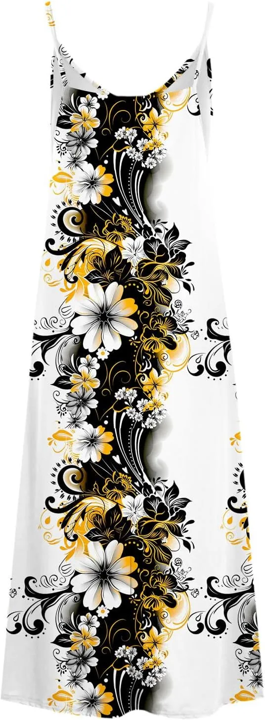 Womens Spring Summer Dresses Spaghetti Strap Floral Print Maxi Dress Trendy Boho Beach Vacation Sundress