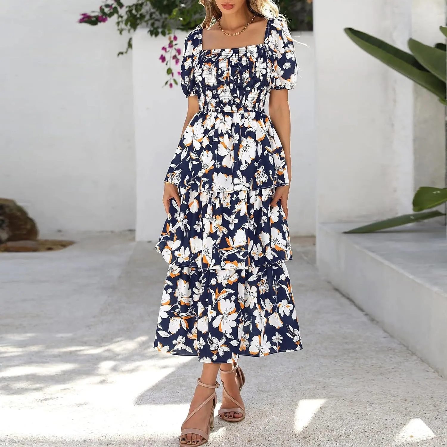 Womens Square Neck Smocked Dress Summer Puff Short Sleeve Floral Casual Ruffle Tiered Maxi Wedding Guest Dresses