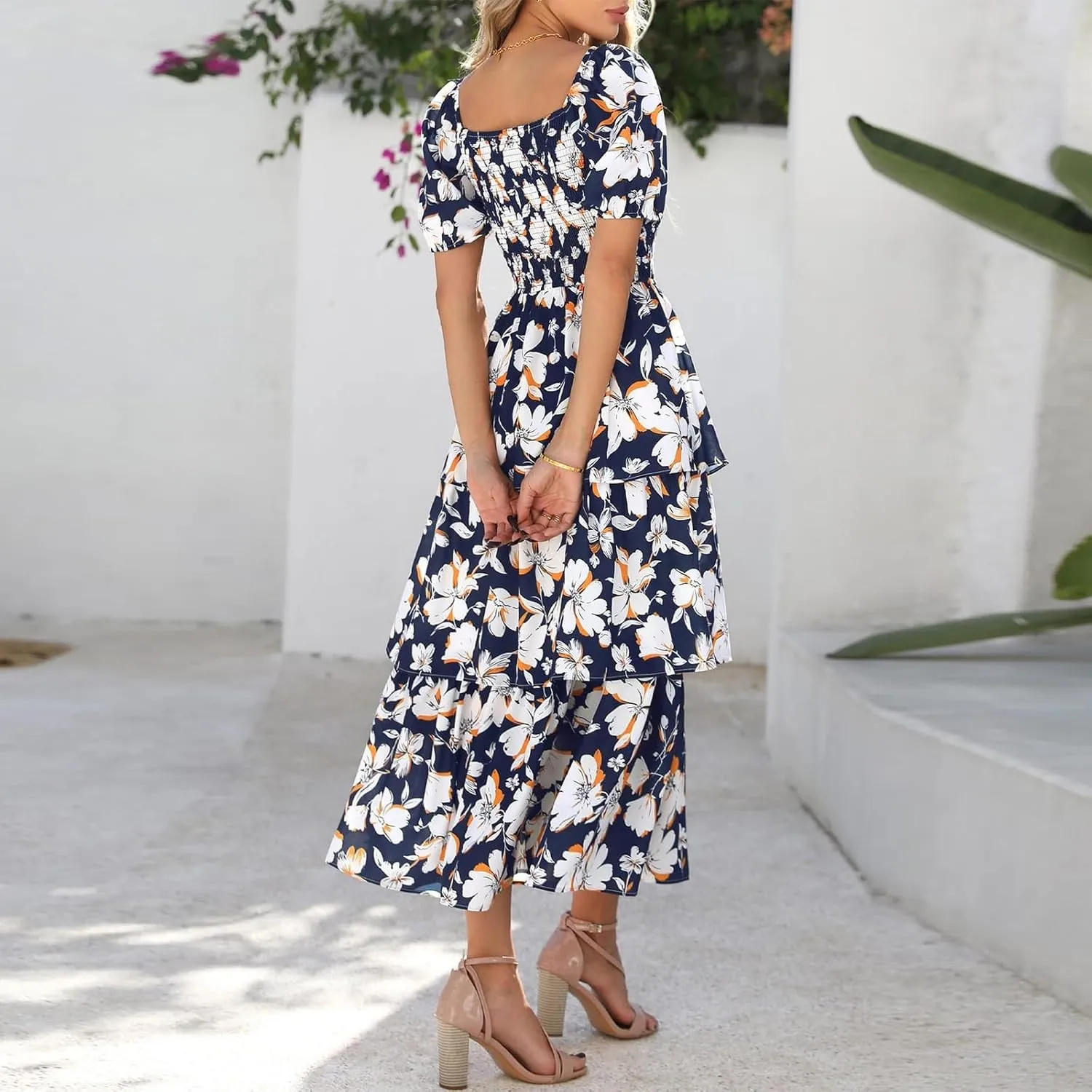 Womens Square Neck Smocked Dress Summer Puff Short Sleeve Floral Casual Ruffle Tiered Maxi Wedding Guest Dresses