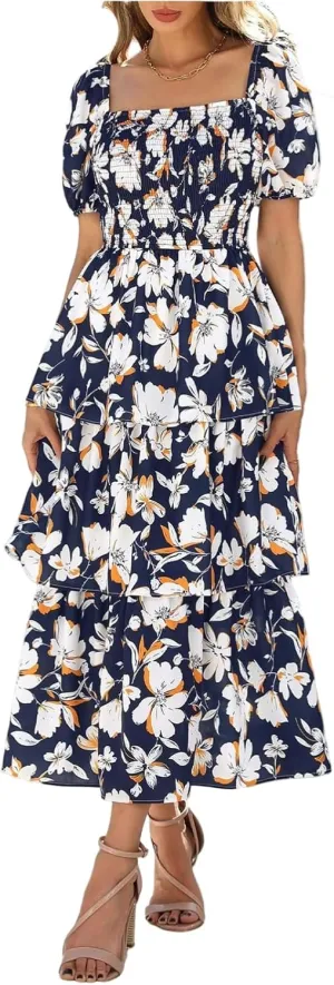 Womens Square Neck Smocked Dress Summer Puff Short Sleeve Floral Casual Ruffle Tiered Maxi Wedding Guest Dresses
