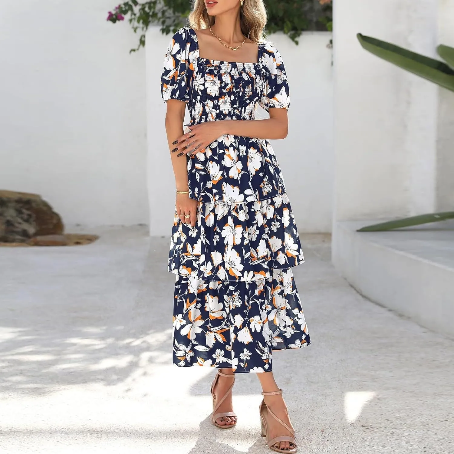 Womens Square Neck Smocked Dress Summer Puff Short Sleeve Floral Casual Ruffle Tiered Maxi Wedding Guest Dresses