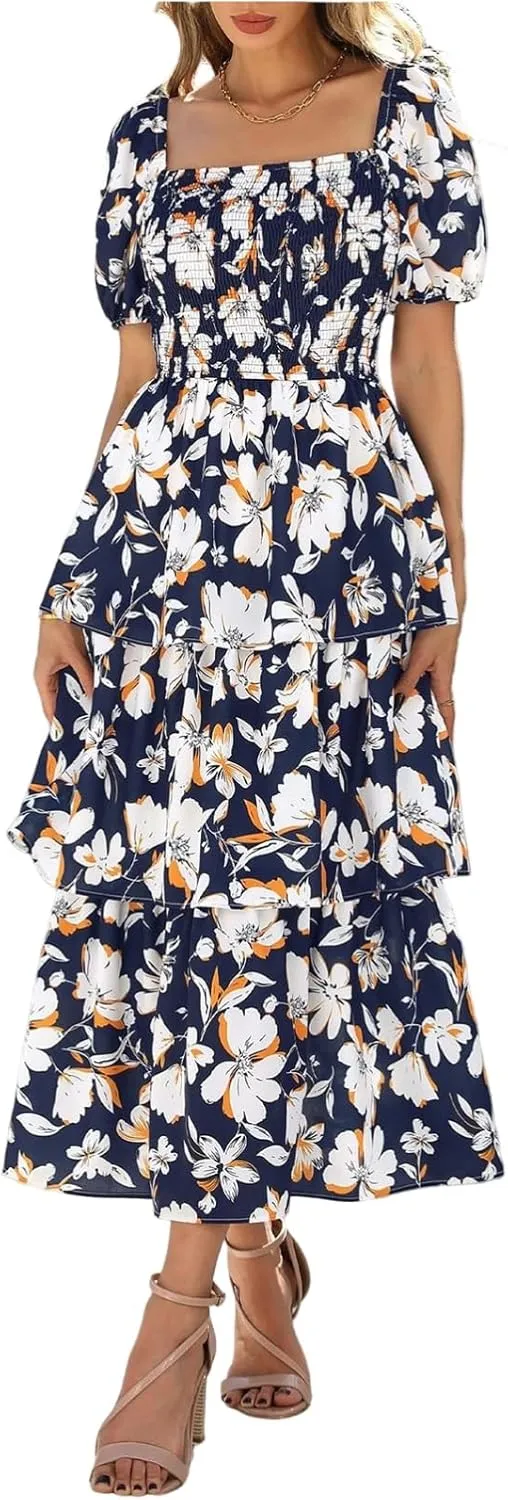 Womens Square Neck Smocked Dress Summer Puff Short Sleeve Floral Casual Ruffle Tiered Maxi Wedding Guest Dresses