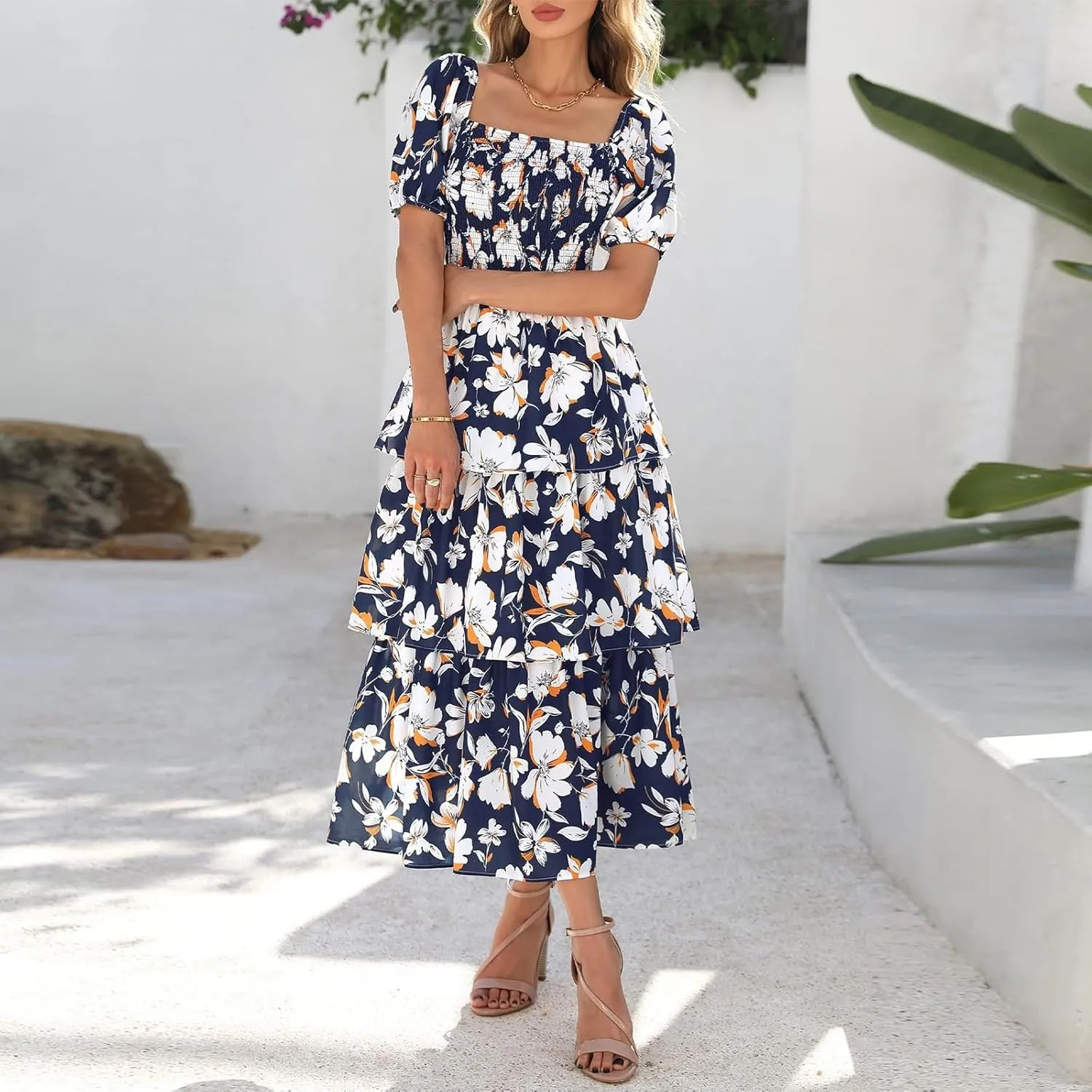 Womens Square Neck Smocked Dress Summer Puff Short Sleeve Floral Casual Ruffle Tiered Maxi Wedding Guest Dresses