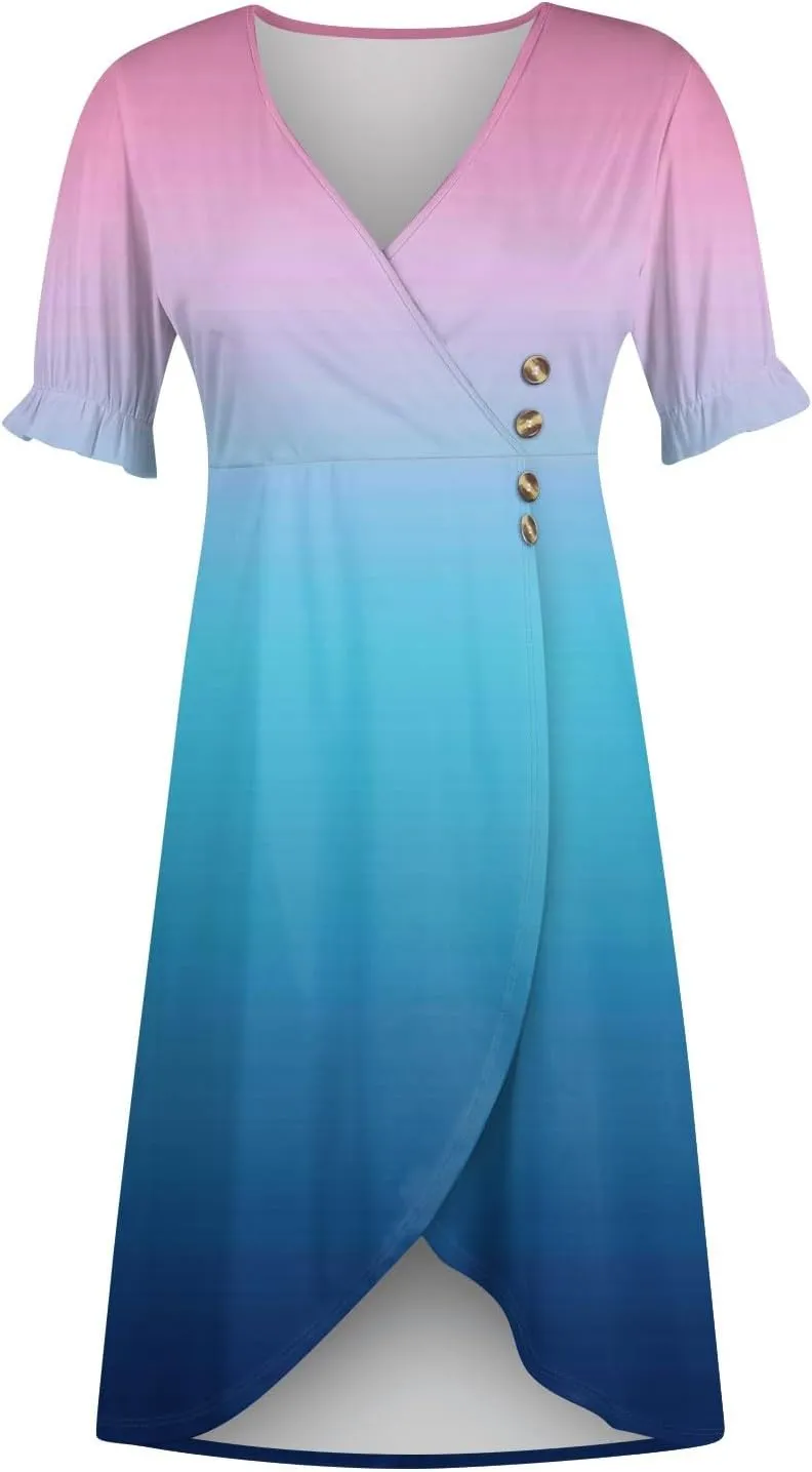 Women's Summer Casual Loose Trendy Short Sleeve V-Neck Floral Printed Solid Sun Beach Dress Plus Size, S-3XL