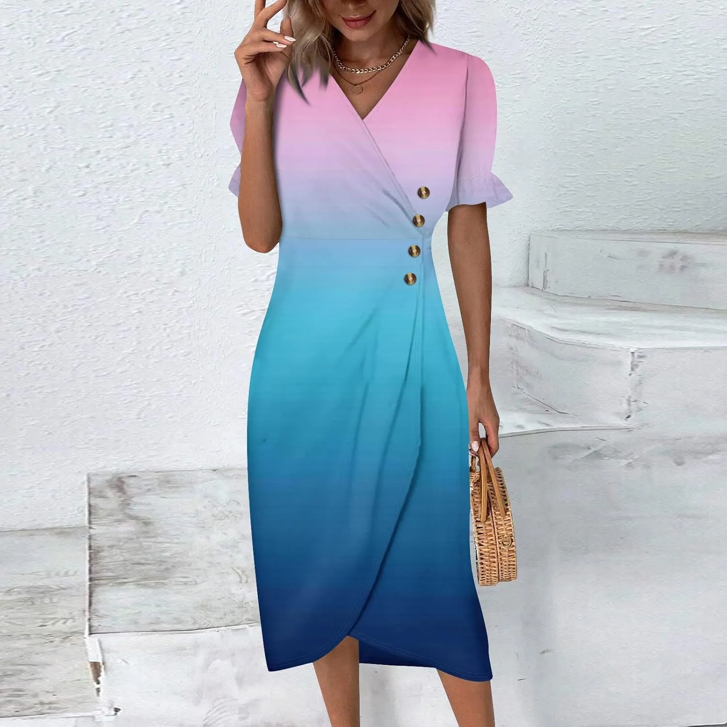 Women's Summer Casual Loose Trendy Short Sleeve V-Neck Floral Printed Solid Sun Beach Dress Plus Size, S-3XL