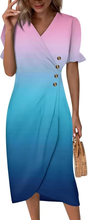 Women's Summer Casual Loose Trendy Short Sleeve V-Neck Floral Printed Solid Sun Beach Dress Plus Size, S-3XL