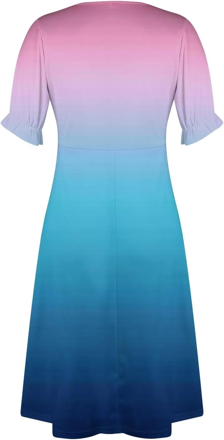 Women's Summer Casual Loose Trendy Short Sleeve V-Neck Floral Printed Solid Sun Beach Dress Plus Size, S-3XL