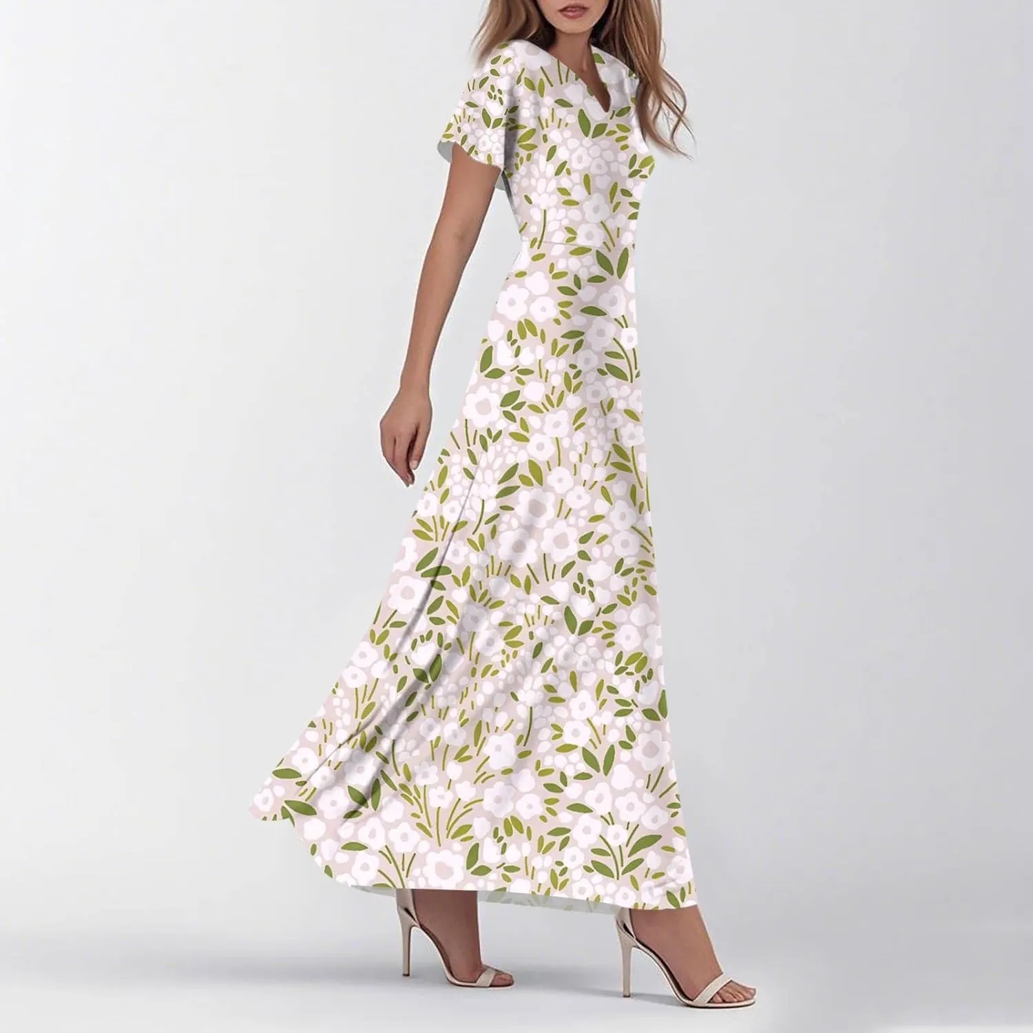 Women's Summer Dress 2025 Short Sleeve V-Neck Boho Floral Printed Flowy Swing Sundress Wedding Guest Dresses