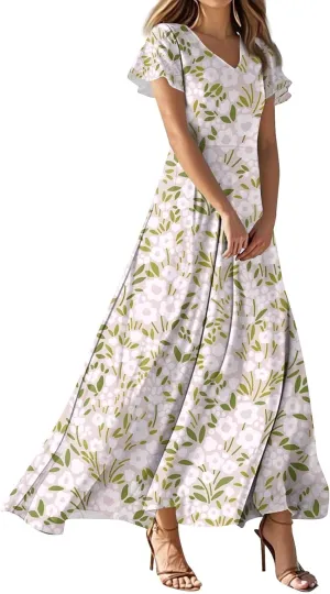Women's Summer Dress 2025 Short Sleeve V-Neck Boho Floral Printed Flowy Swing Sundress Wedding Guest Dresses