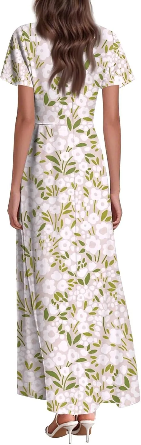Women's Summer Dress 2025 Short Sleeve V-Neck Boho Floral Printed Flowy Swing Sundress Wedding Guest Dresses