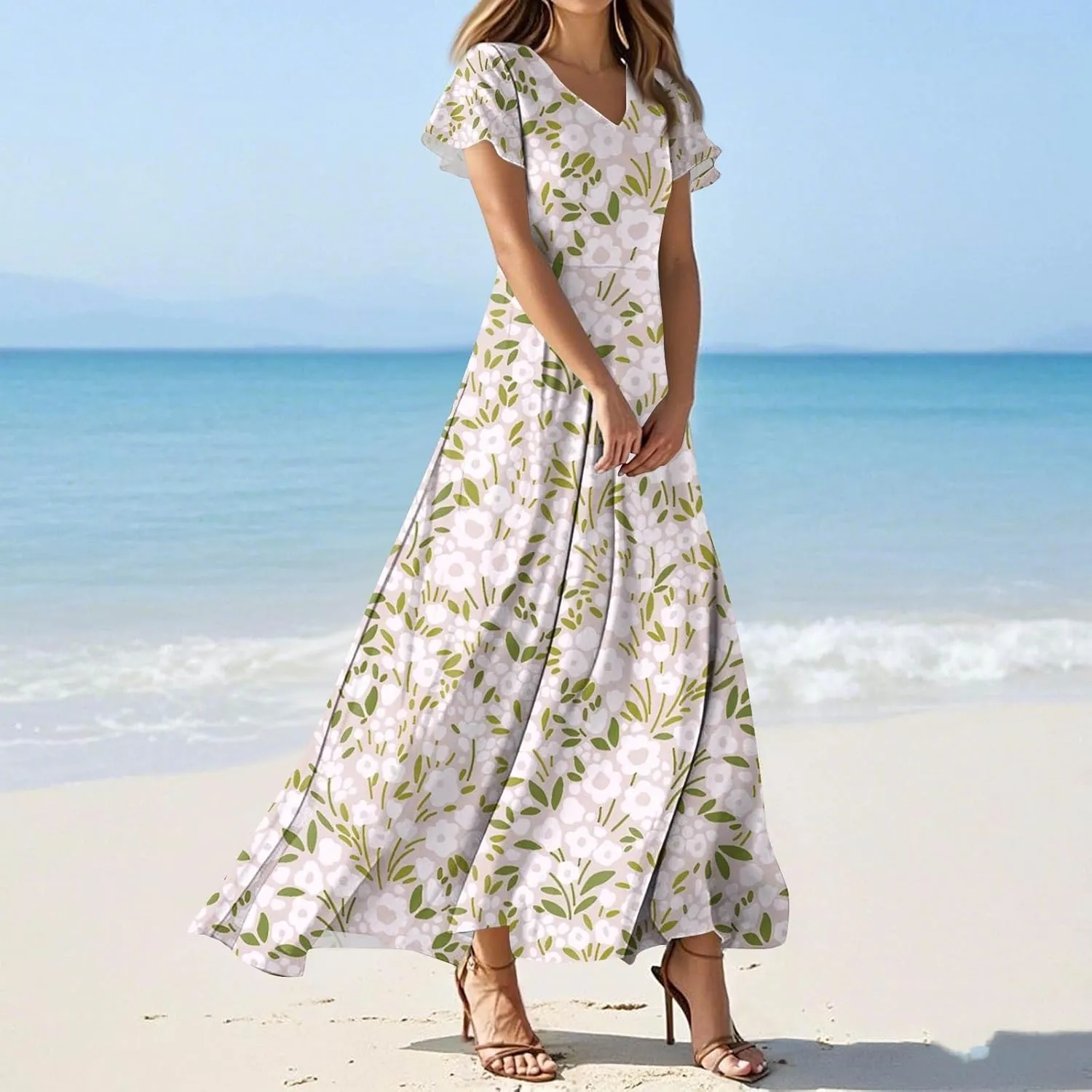 Women's Summer Dress 2025 Short Sleeve V-Neck Boho Floral Printed Flowy Swing Sundress Wedding Guest Dresses