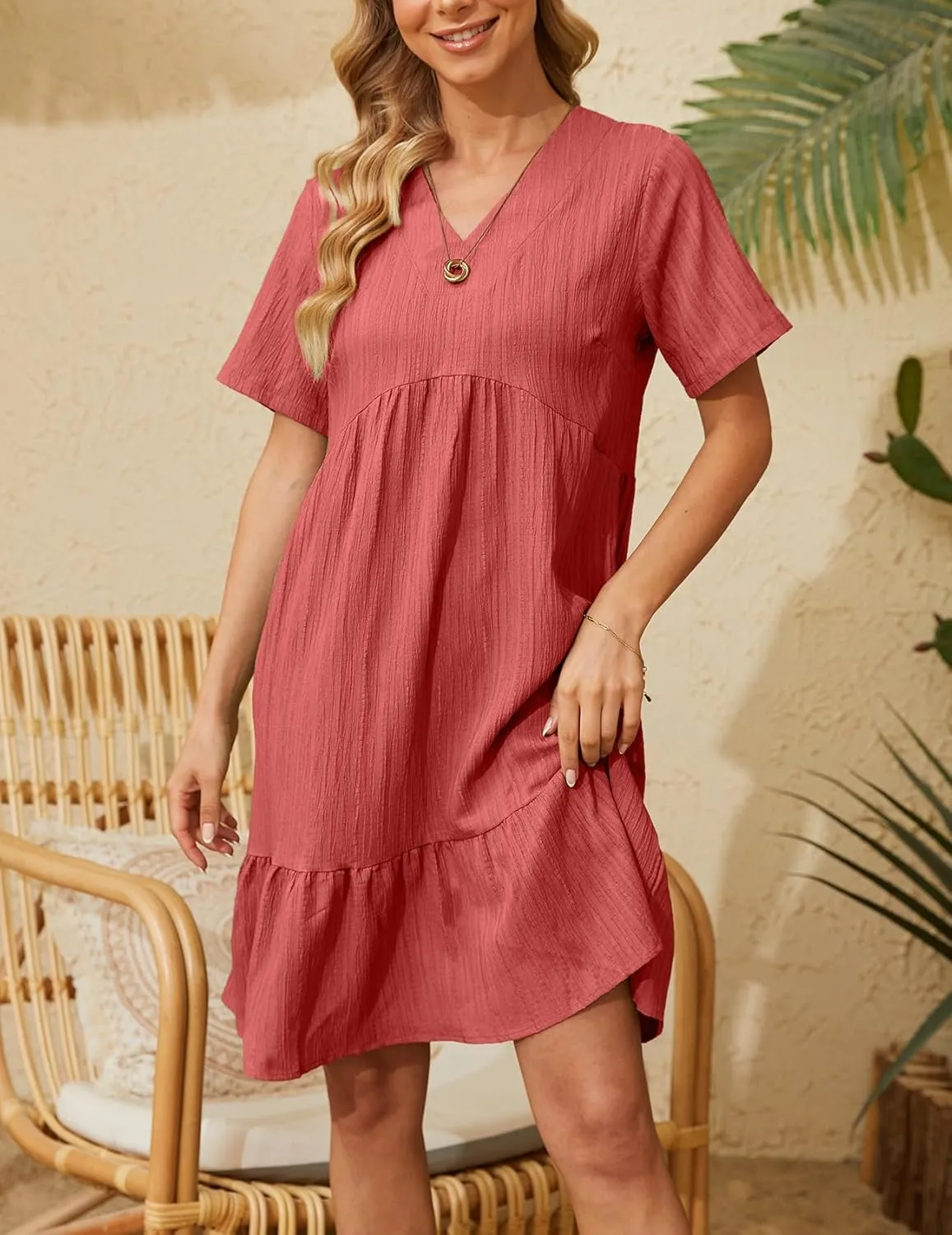 Women's Summer Dresses Casual Midi Swing Short Sleeve V Neck Tiered A Line Flowy Beach Dress Sundress 2024