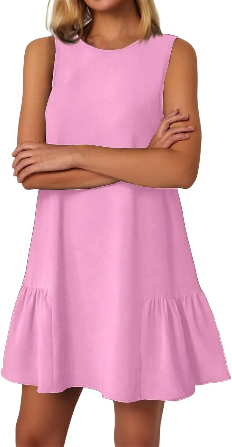 Womens Summer Dresses Casual Sleeveless Mini Dresses Ruffle Hem Crewneck Trendy Work Dress