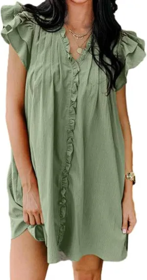 Womens Summer Dresses Casual V Neck Ruffle Cap Short Sleeve Mini Dress Smocked A Line Flowy Sundress with Pockets