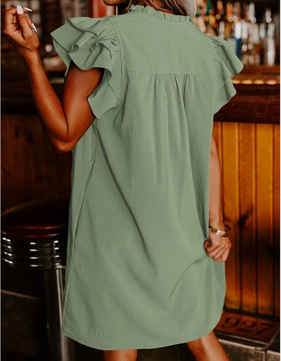 Womens Summer Dresses Casual V Neck Ruffle Cap Short Sleeve Mini Dress Smocked A Line Flowy Sundress with Pockets