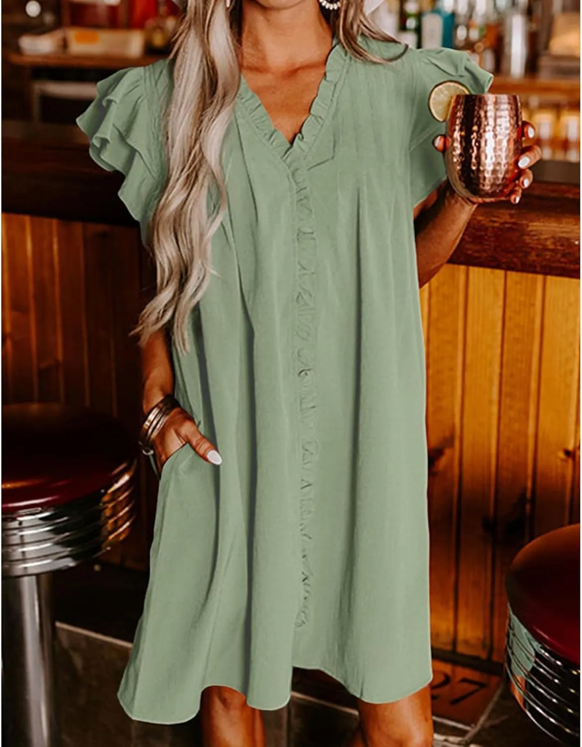 Womens Summer Dresses Casual V Neck Ruffle Cap Short Sleeve Mini Dress Smocked A Line Flowy Sundress with Pockets