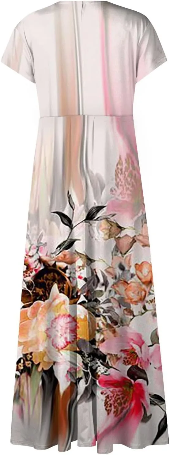Womens Summer Dresses Floral Print Flowy Ruched Maxi Dress Wrap V Neck Sleeveless Boho Dress Trendy Beach Dress