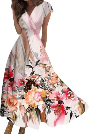 Womens Summer Dresses Floral Print Flowy Ruched Maxi Dress Wrap V Neck Sleeveless Boho Dress Trendy Beach Dress