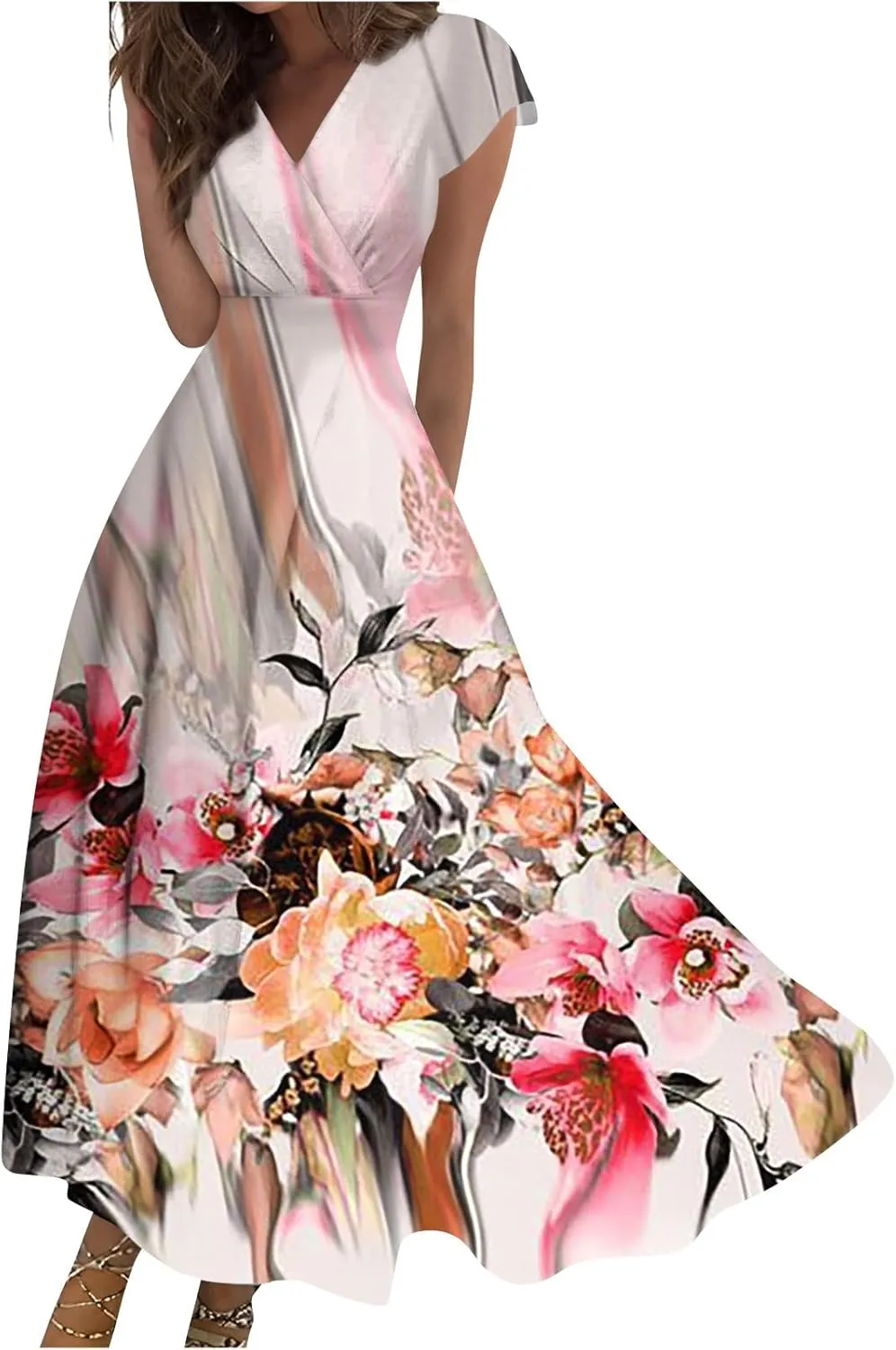 Womens Summer Dresses Floral Print Flowy Ruched Maxi Dress Wrap V Neck Sleeveless Boho Dress Trendy Beach Dress