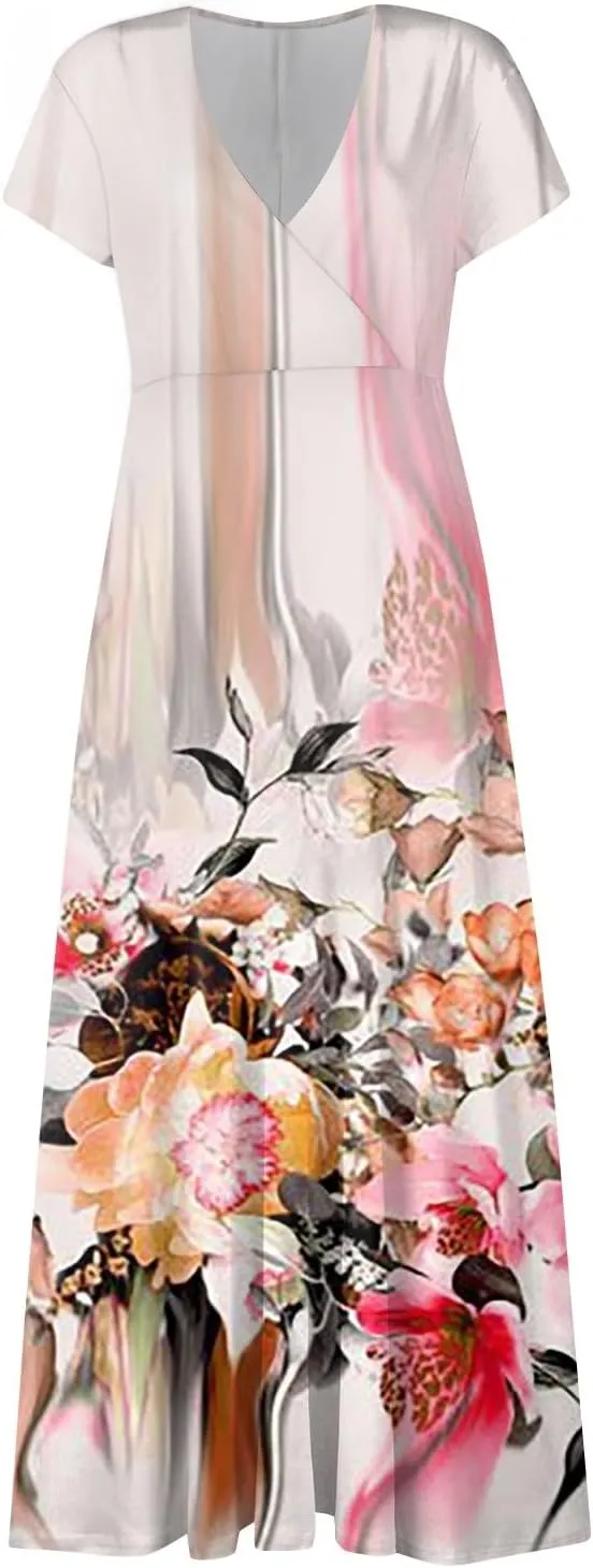 Womens Summer Dresses Floral Print Flowy Ruched Maxi Dress Wrap V Neck Sleeveless Boho Dress Trendy Beach Dress