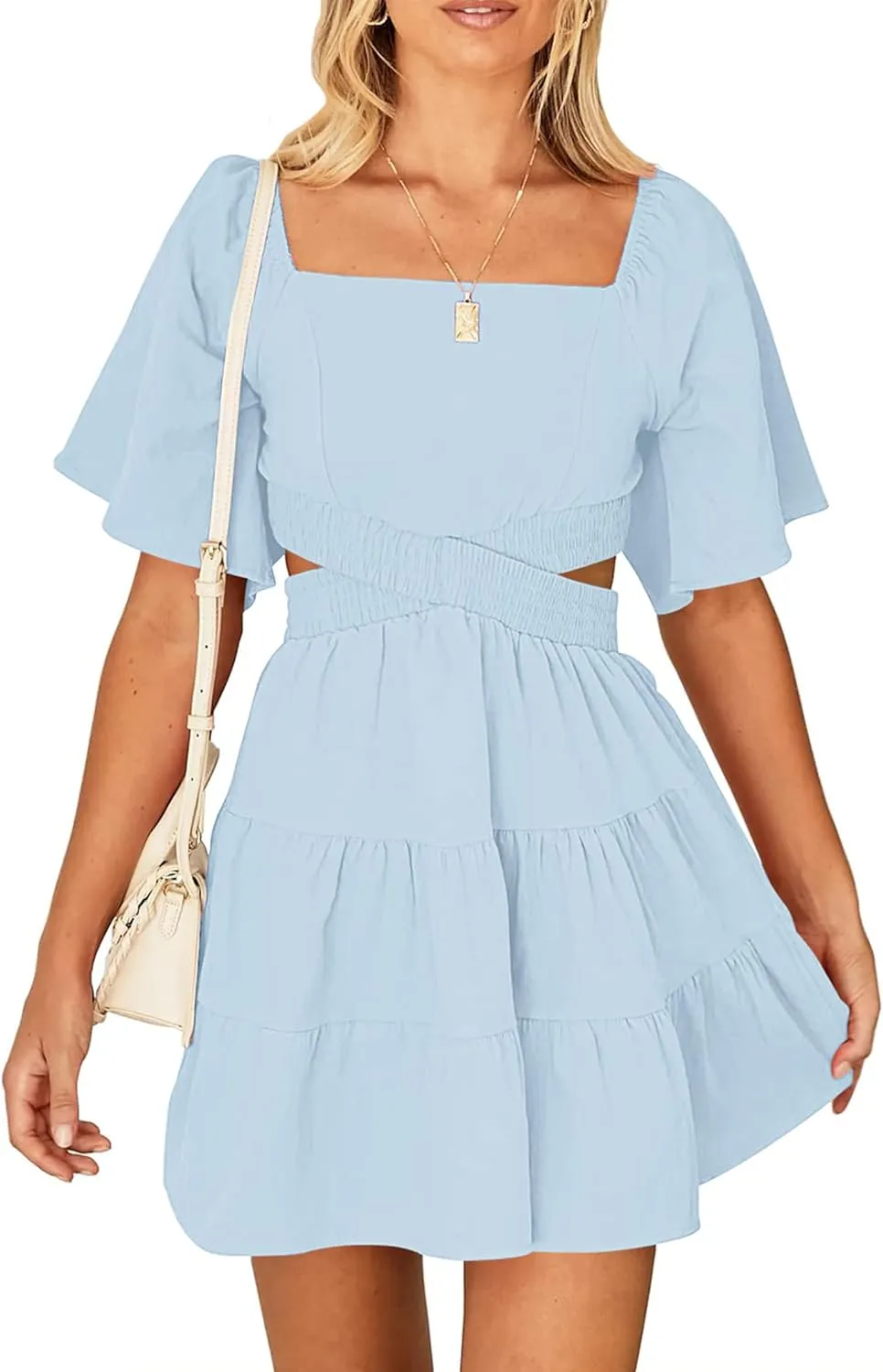 Women's Summer Dresses Square Neck Casual Short Sleeves Crossover Elastic Waist Party Mini Dress