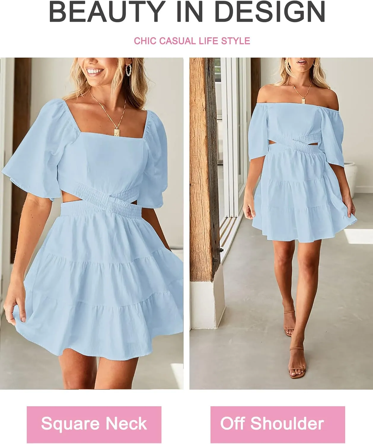 Women's Summer Dresses Square Neck Casual Short Sleeves Crossover Elastic Waist Party Mini Dress