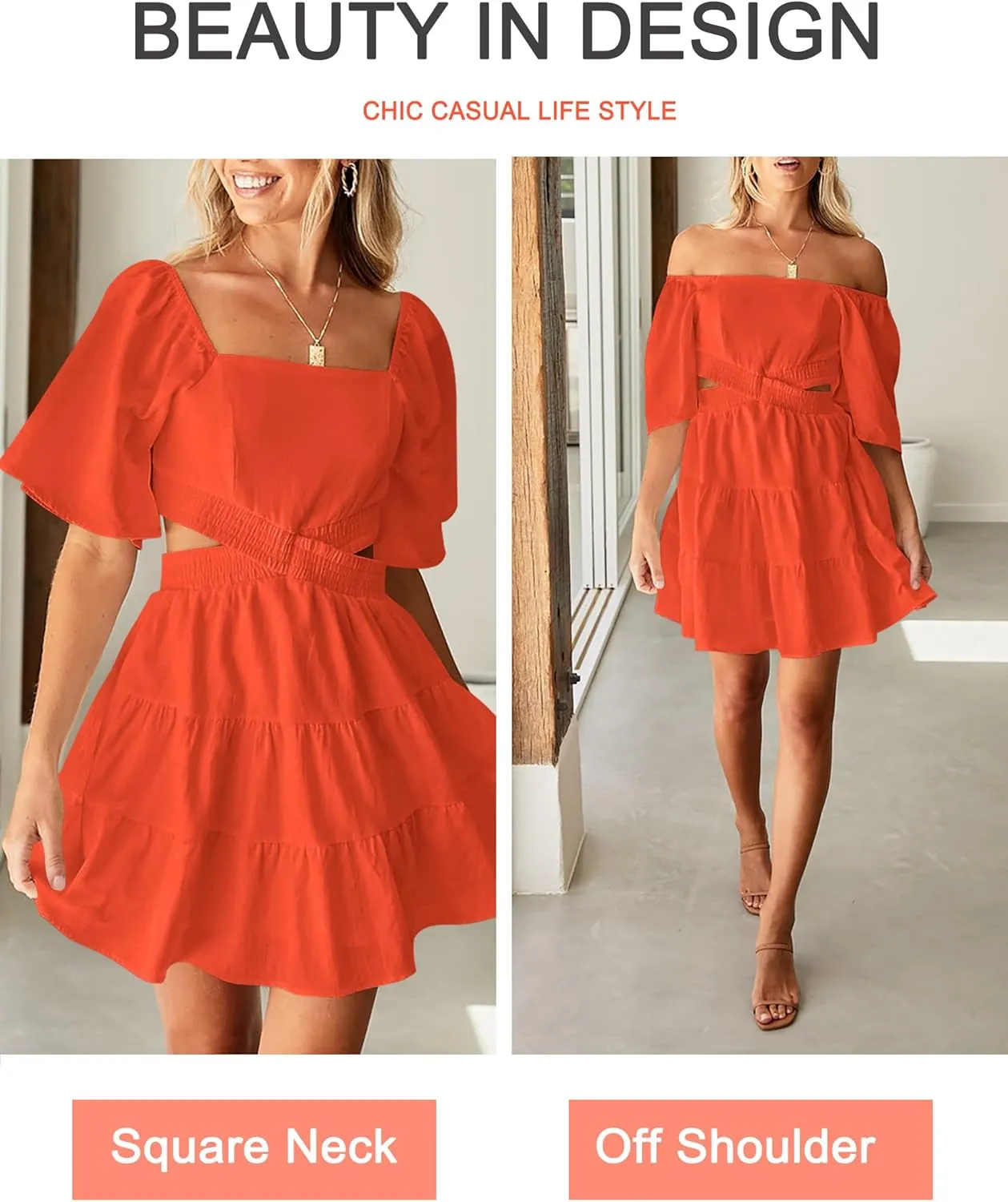 Women's Summer Dresses Square Neck Casual Short Sleeves Crossover Elastic Waist Party Mini Dress