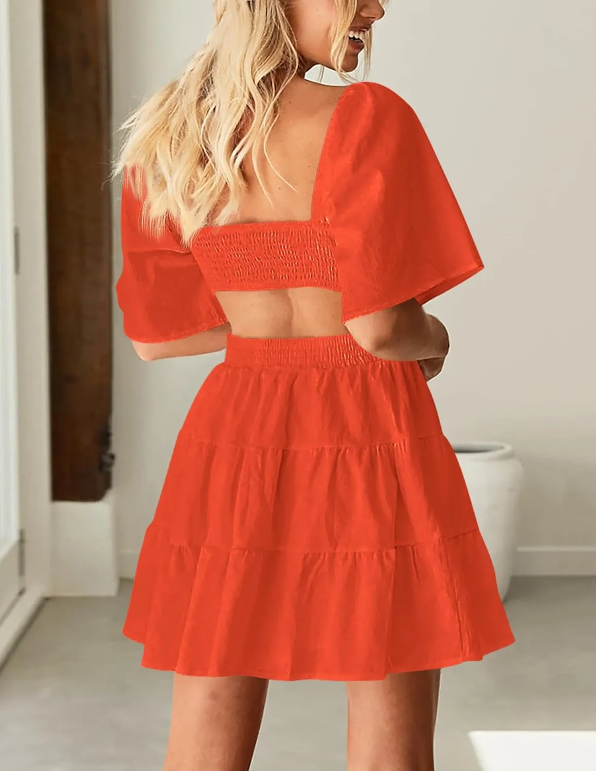 Women's Summer Dresses Square Neck Casual Short Sleeves Crossover Elastic Waist Party Mini Dress