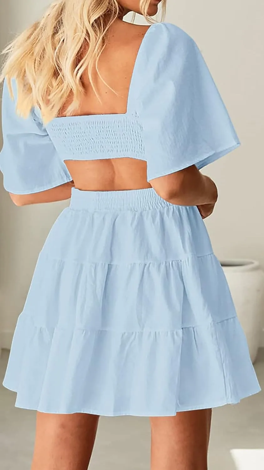 Women's Summer Dresses Square Neck Casual Short Sleeves Crossover Elastic Waist Party Mini Dress