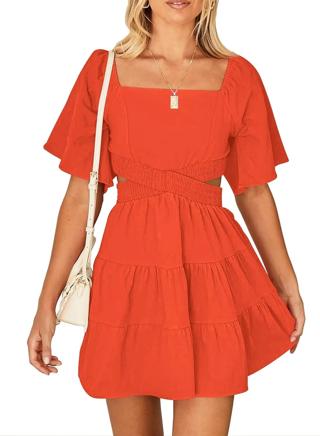 Women's Summer Dresses Square Neck Casual Short Sleeves Crossover Elastic Waist Party Mini Dress