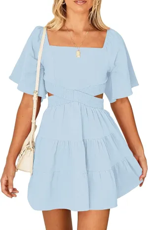 Women's Summer Dresses Square Neck Casual Short Sleeves Crossover Elastic Waist Party Mini Dress
