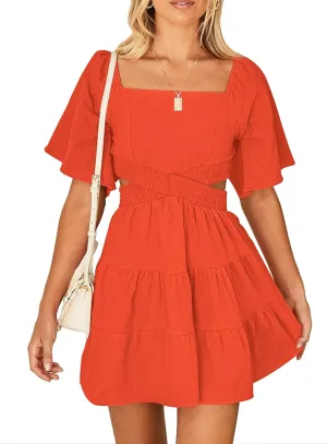 Women's Summer Dresses Square Neck Casual Short Sleeves Crossover Elastic Waist Party Mini Dress