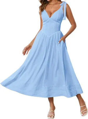 Women's Summer Midi Dress V Neck Casual Flowy A Line Sundress Wedding Guest Long Dresses with Pockets