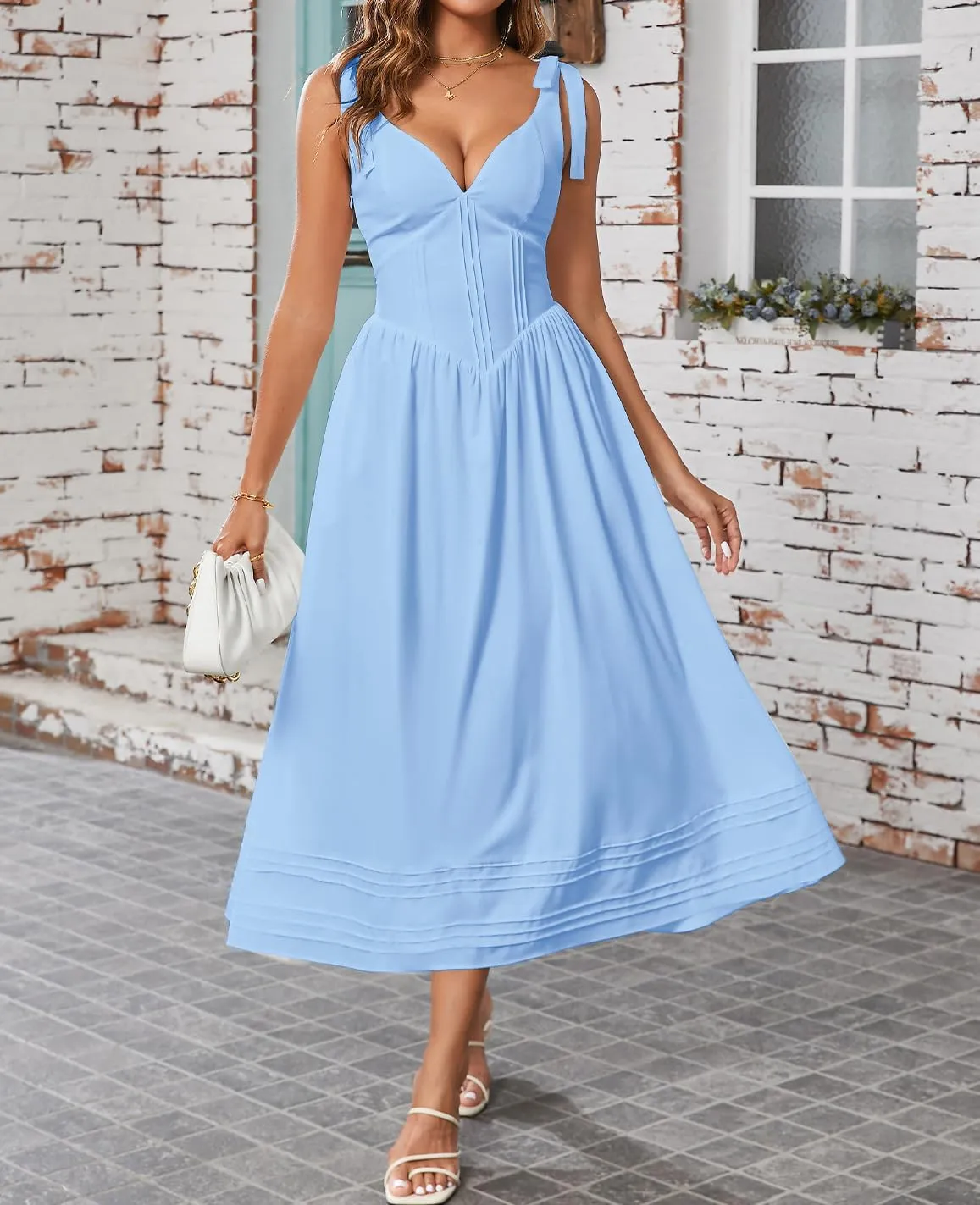 Women's Summer Midi Dress V Neck Casual Flowy A Line Sundress Wedding Guest Long Dresses with Pockets