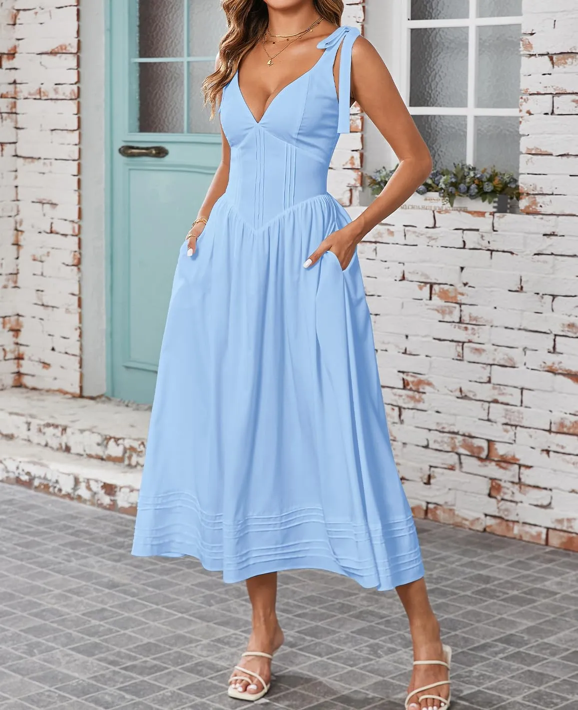 Women's Summer Midi Dress V Neck Casual Flowy A Line Sundress Wedding Guest Long Dresses with Pockets