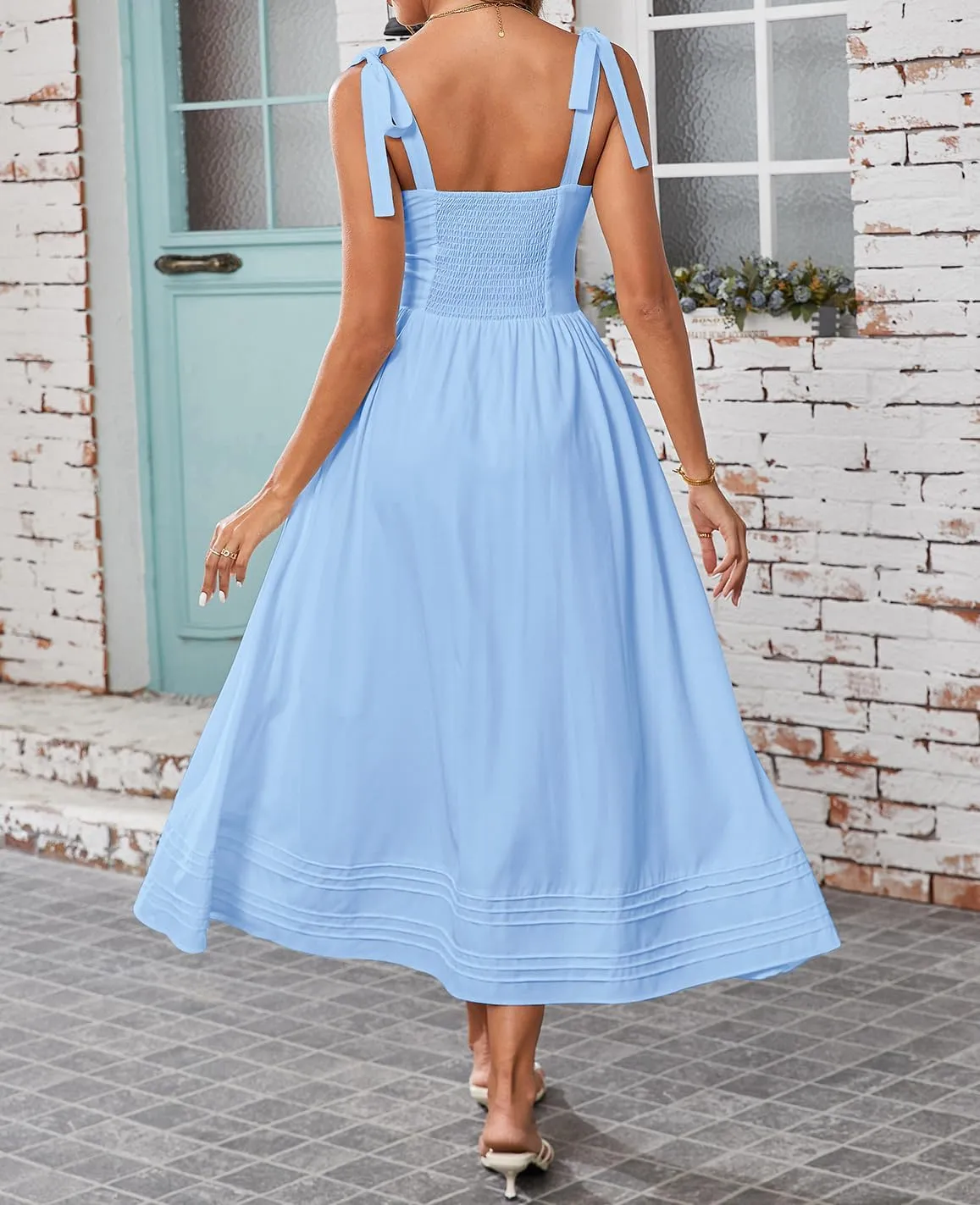 Women's Summer Midi Dress V Neck Casual Flowy A Line Sundress Wedding Guest Long Dresses with Pockets