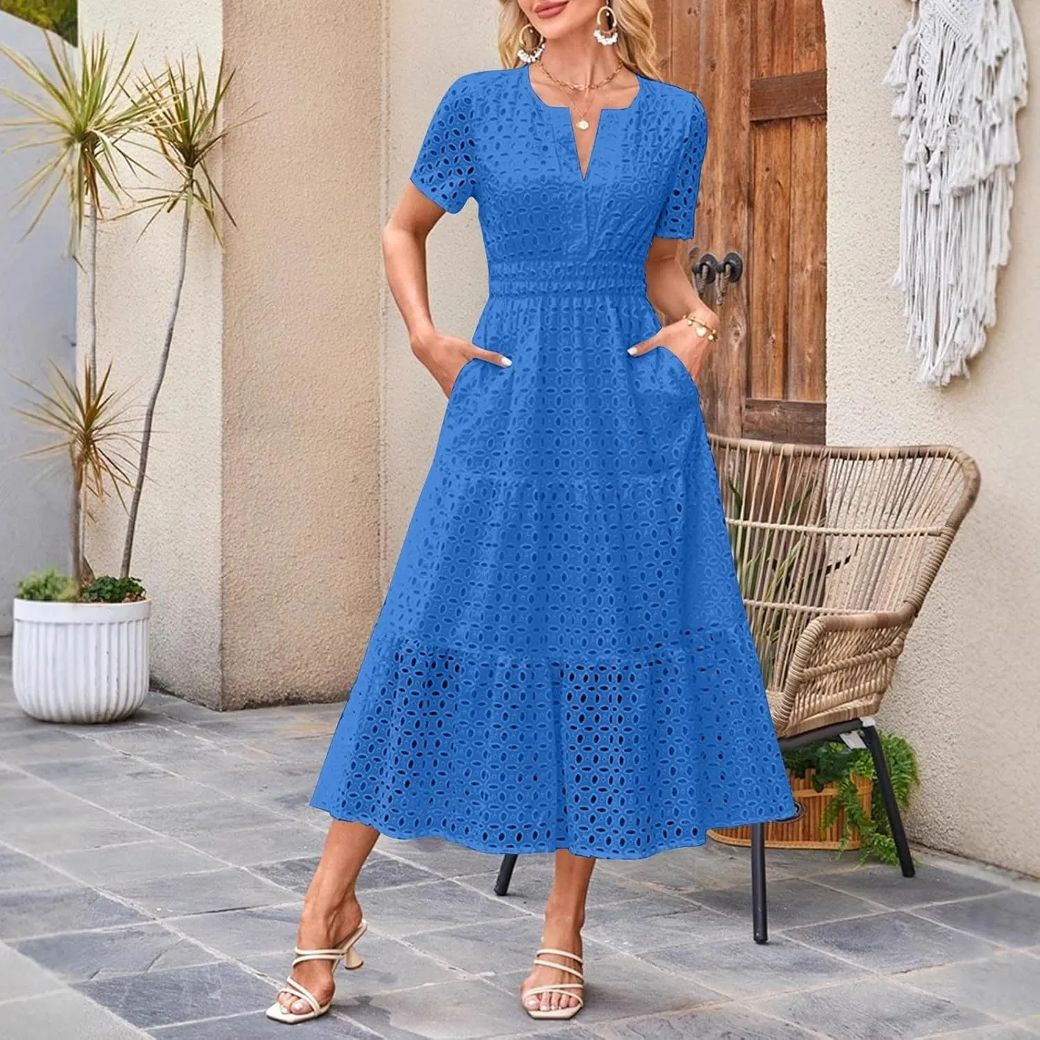 Women's Summer Short Sleeve A-Line Midi Dresses Casual Solid Color Long Dress Flowy Beach Sundress with Pockets S-XXL