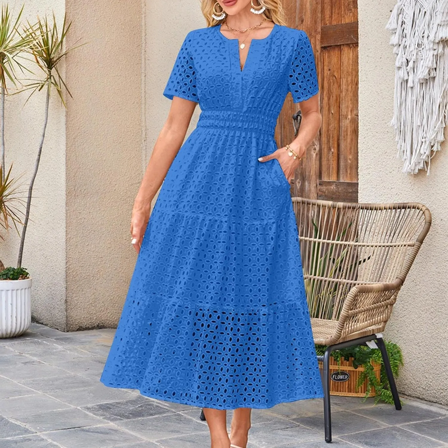 Women's Summer Short Sleeve A-Line Midi Dresses Casual Solid Color Long Dress Flowy Beach Sundress with Pockets S-XXL