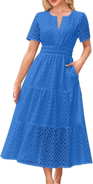 Women's Summer Short Sleeve A-Line Midi Dresses Casual Solid Color Long Dress Flowy Beach Sundress with Pockets S-XXL