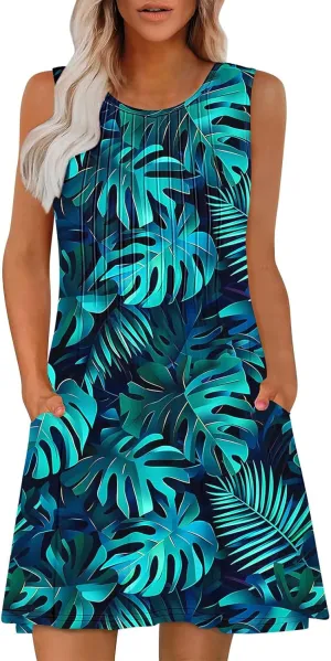 Women's Summer Sleeveless Boho Beach Dress Floral Mini Sundress with Pockets Casual Vacation Travel Flowy Tshirt Dress