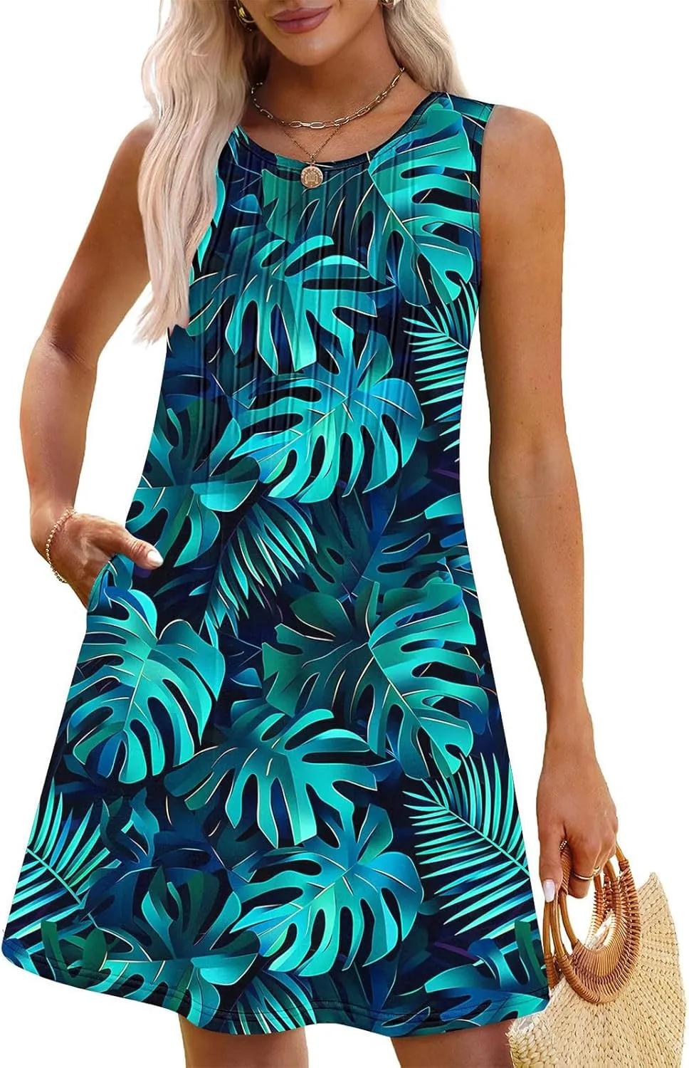 Women's Summer Sleeveless Boho Beach Dress Floral Mini Sundress with Pockets Casual Vacation Travel Flowy Tshirt Dress