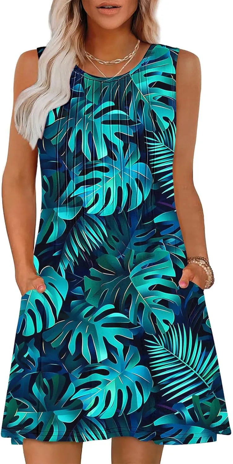 Women's Summer Sleeveless Boho Beach Dress Floral Mini Sundress with Pockets Casual Vacation Travel Flowy Tshirt Dress