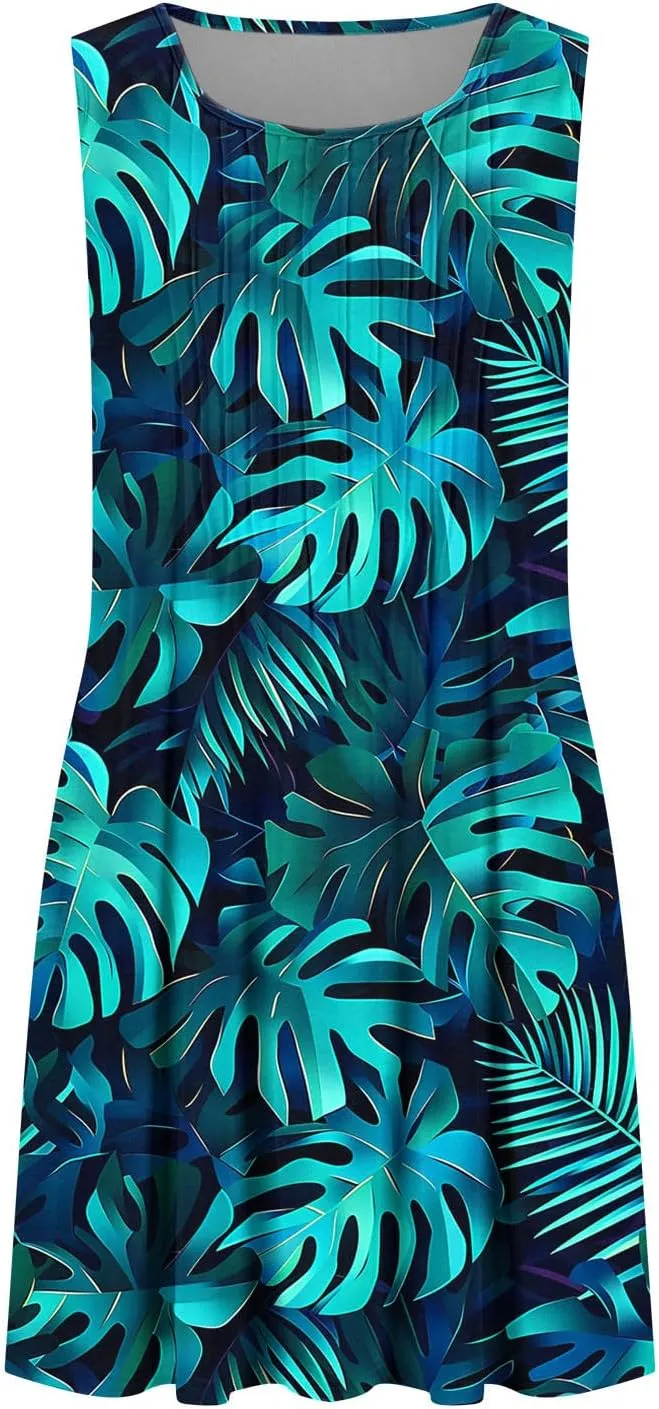 Women's Summer Sleeveless Boho Beach Dress Floral Mini Sundress with Pockets Casual Vacation Travel Flowy Tshirt Dress