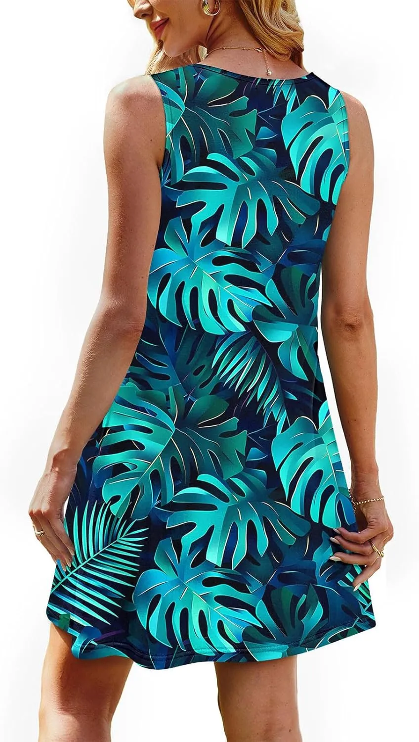 Women's Summer Sleeveless Boho Beach Dress Floral Mini Sundress with Pockets Casual Vacation Travel Flowy Tshirt Dress