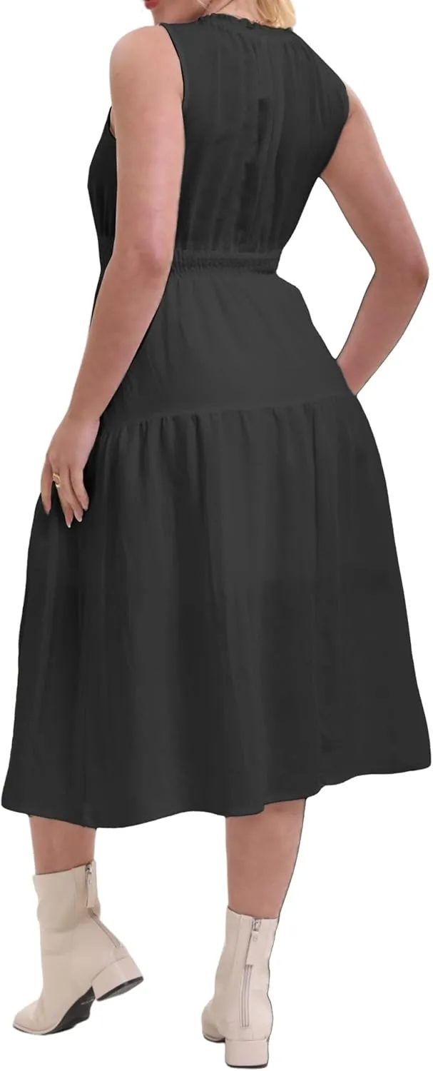 Women's Summer Sleeveless Mock Neck Ruched Tank Midi Dress Slim Casual Fit Vacation Dress 2025