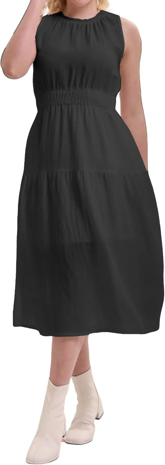 Women's Summer Sleeveless Mock Neck Ruched Tank Midi Dress Slim Casual Fit Vacation Dress 2025